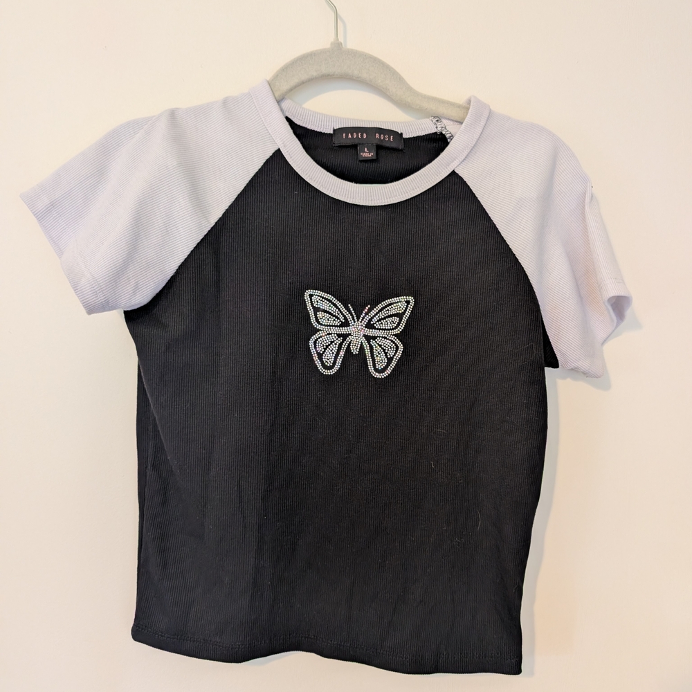 Faded Rose Large Rhinestone Butterfly Ribbed Short Sleeve Tee